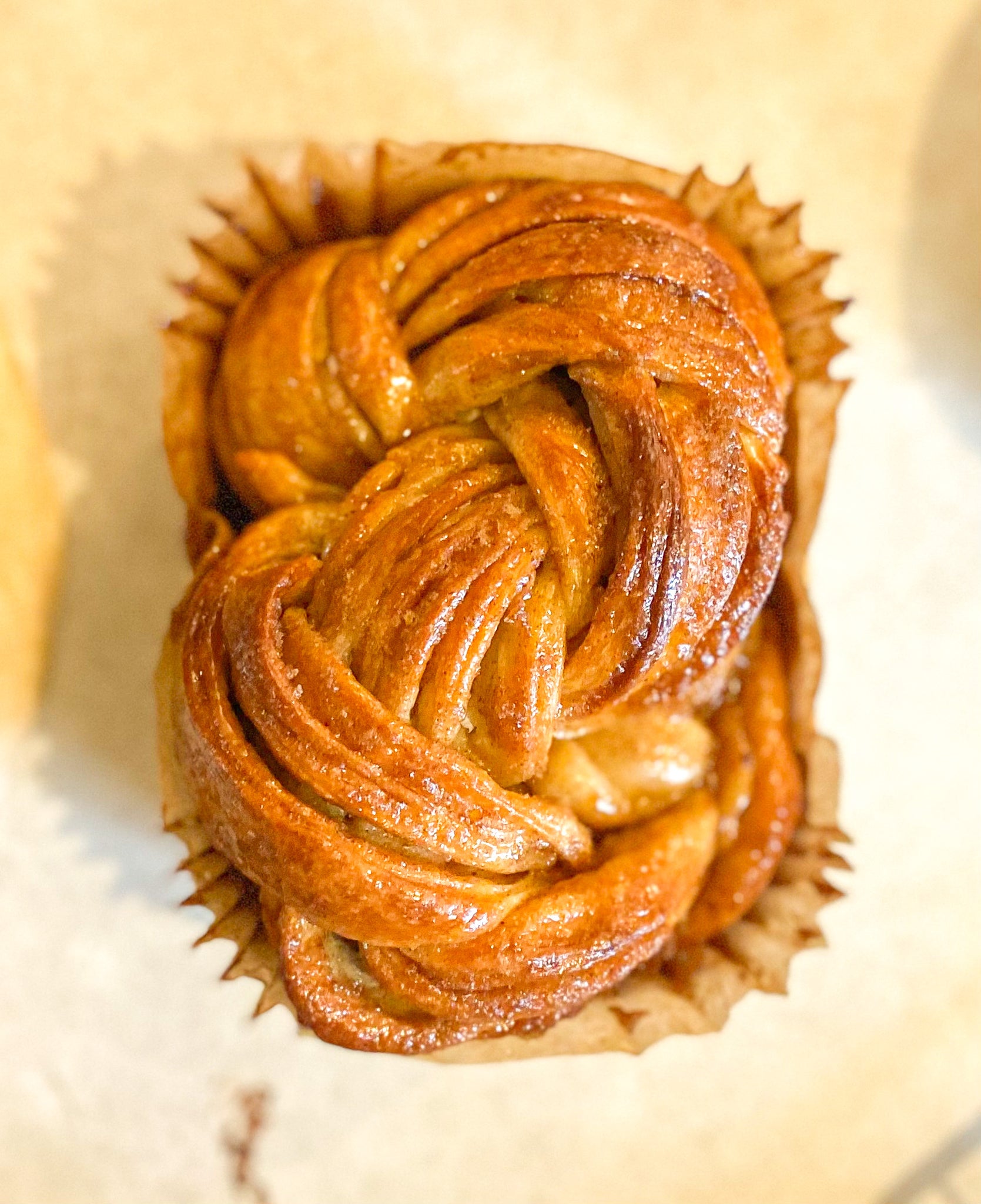 Freshly baked Petite Ceylon Cinnamon Babka from Bend's premier Jewish bakery, featuring ribboned swirls of cinnamon and orange zest, topped with a golden crust.